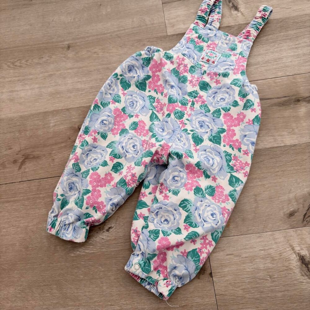 Kids N' Fun Baby Girls sz 18 Mos Floral Cotton Overalls VTG 90's Cottage Retro
